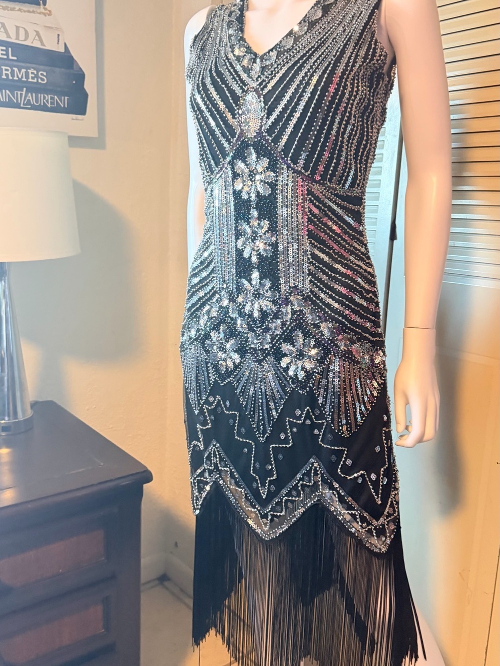 Unique Vintage Black Beaded 1920s‎ Flapper Fringe Dress Size S - Picture 2 of 16